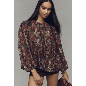 FARM RIO X Anthropologie Sheer Long Sleeve‎ Pleated Floral Blouse Size XS NEW